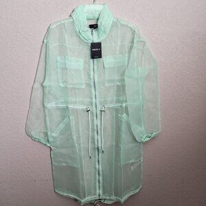 Sheer Mint Green Casual Jacket Zipper & Pockets Sheer long coverup Large